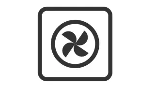 Czarny symbol termoobiegu w białej ramce. Cztery łopatki wirnika obracają się, zapewniając równomierne rozprowadzanie ciepła.