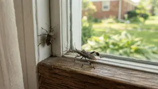 Dwa śmierdzące robaki na parapecie okna. Jeden wspina się po ramie, drugi siedzi na drewnie.