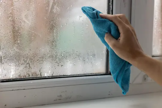 Dłoń z niebieską ściereczką wyciera zaparowane okno, walcząc z wilgocią w domu.